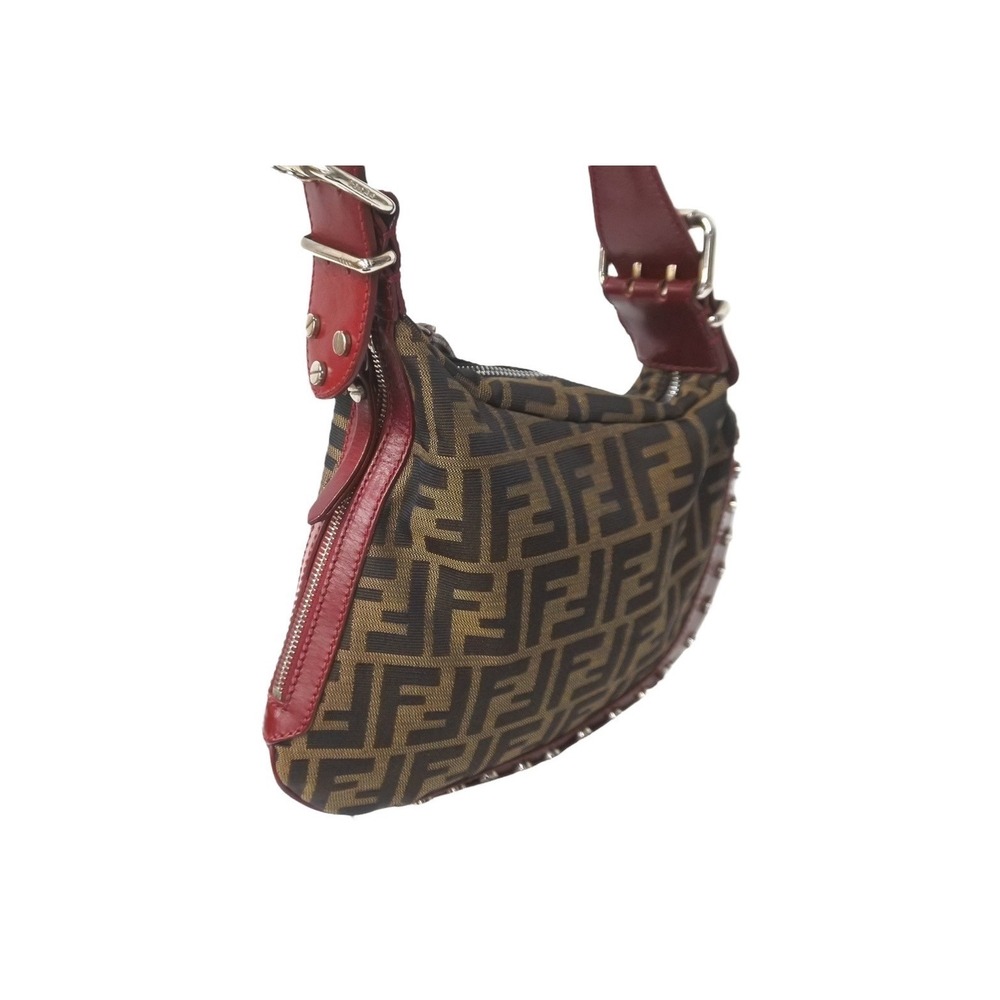 Fendi Zucca One Hobo Red Brown Studded Shoulder Bag Leather - Picture 3 of 10